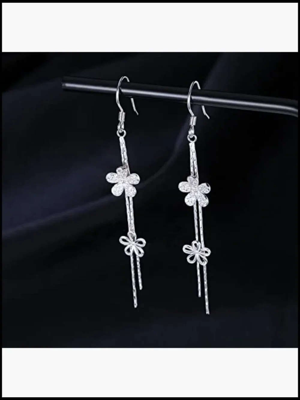 Sterling Silver CZ Flower Dangle Earrings Elegant Wedding Chain Drop Tassel